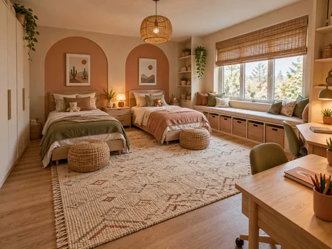 AI concept of a shared bedroom with twin sleeping areas and daylight from the window side, with warm clay colours and rounded decorative details