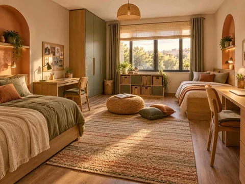 AI concept of a shared bedroom with two sleeping areas and desk space, with warm clay colours and rounded decorative details