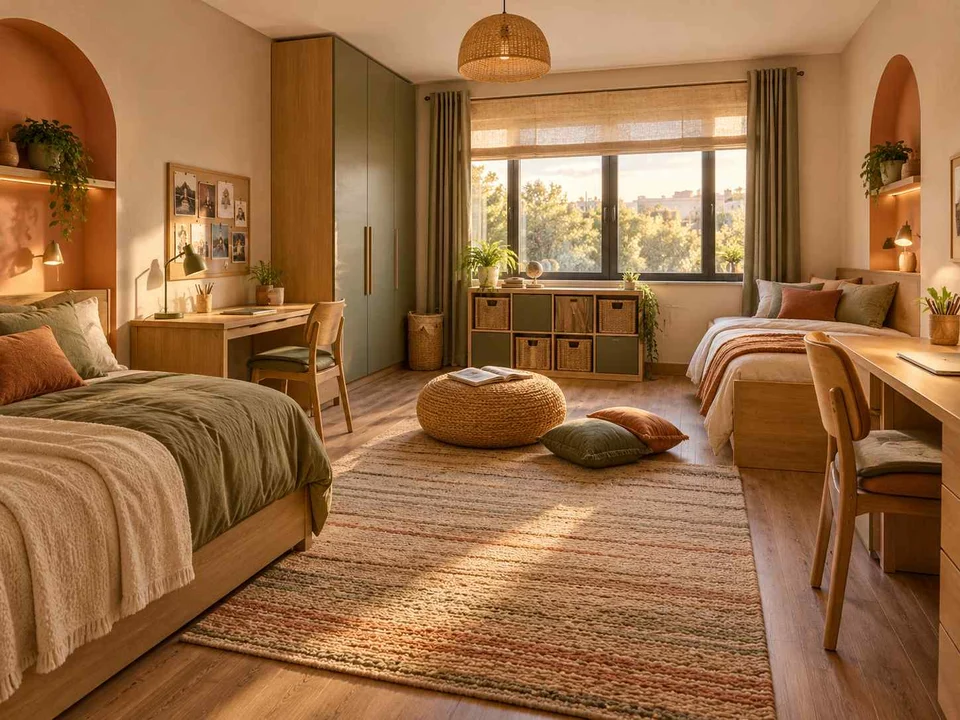 AI concept of a shared bedroom with two sleeping areas and desk space, with warm clay colours and rounded decorative details