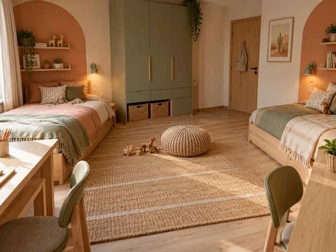 AI concept of two beds arranged around a shared central floor area, with warm clay colours and rounded decorative details