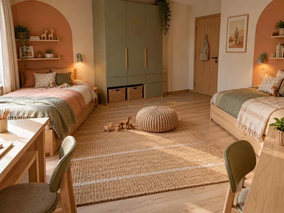 AI concept of two beds arranged around a shared central floor area, with warm clay colours and rounded decorative details