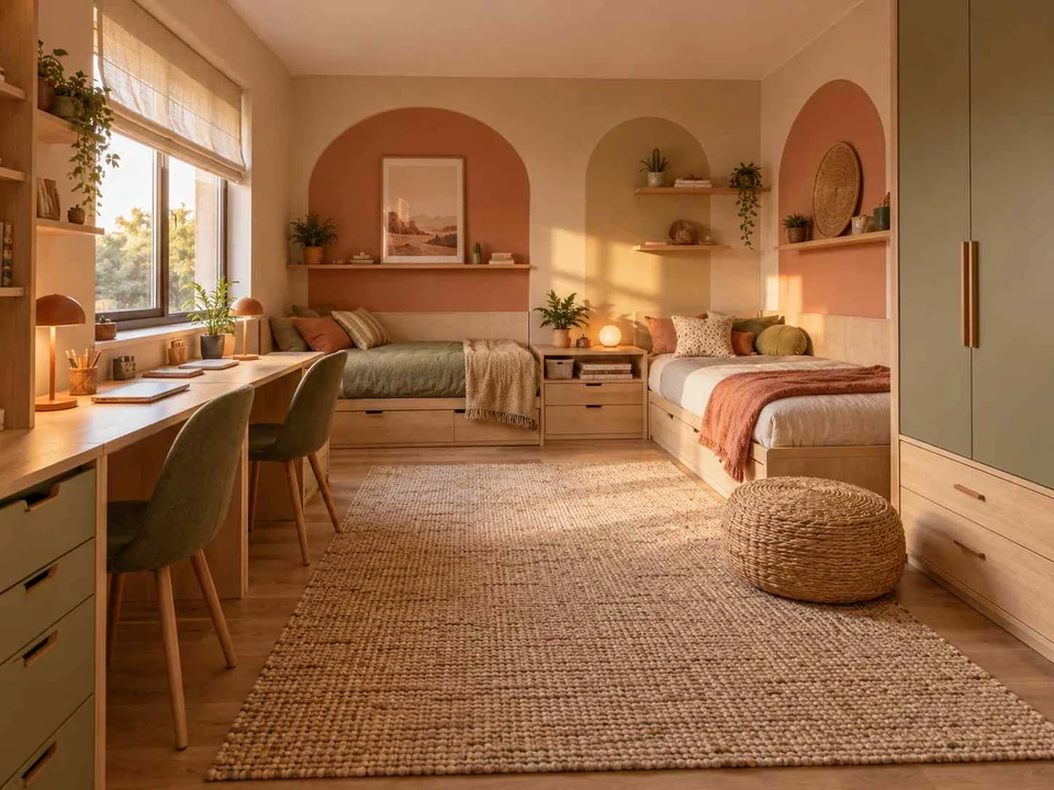 AI concept of a shared bedroom with two sleeping areas and study furniture, with warm clay colours and rounded decorative details