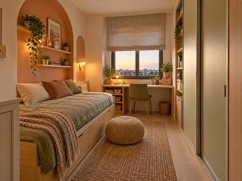 AI concept of a small bedroom with a bed, study furniture and integrated storage, with warm clay colours and rounded decorative details