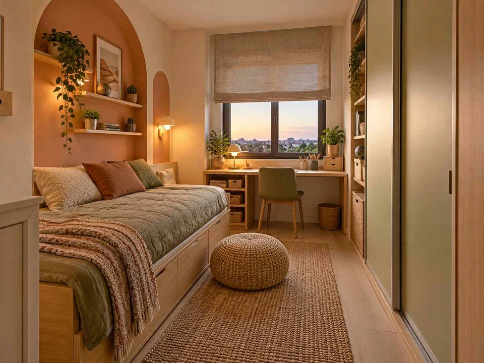 AI concept of a small bedroom with a bed, study furniture and integrated storage, with warm clay colours and rounded decorative details