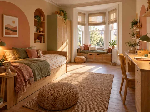 AI concept of a bedroom with a window-side seating area, with warm clay colours and rounded decorative details