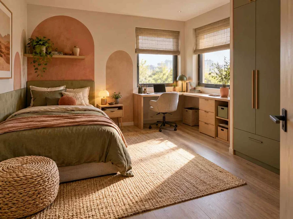 AI concept of a bedroom with a desk positioned near a window, with warm clay colours and rounded decorative details