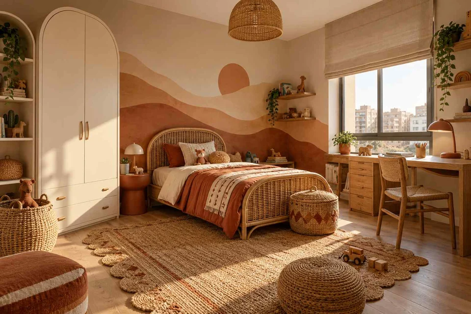 AI concept: a rust-coloured bed and curved dune mural with woven stools and a timber desk