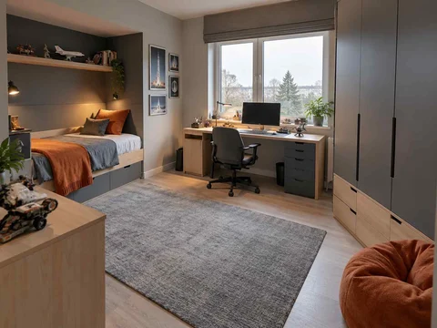 AI concept of a bedroom with a recessed sleeping area and a separate desk, with grey-blue cabinetry and orange accents