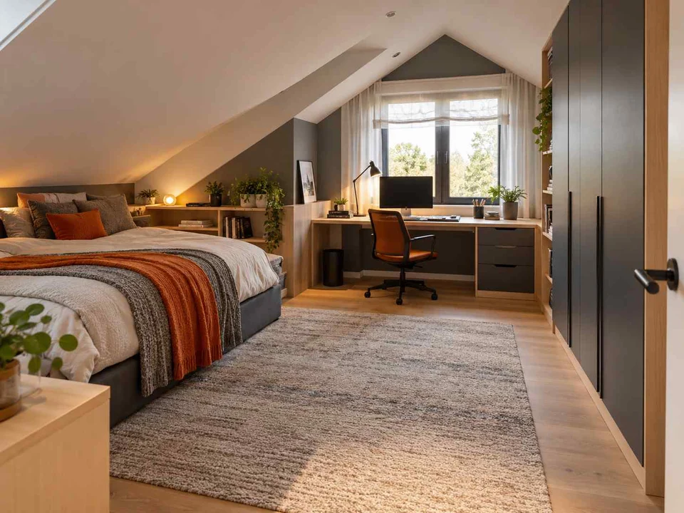 AI concept of a bedroom beneath a sloping ceiling with a bed and desk, with grey-blue cabinetry and orange accents