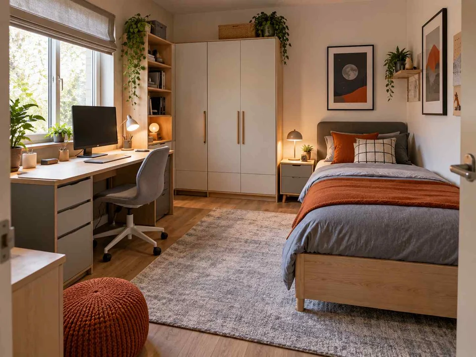 AI concept of a bedroom arranged with a bed, desk and storage furniture, with grey-blue cabinetry and orange accents