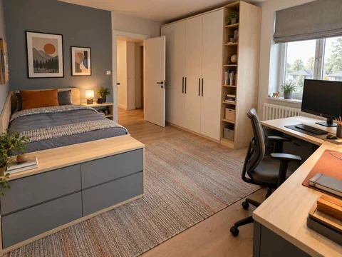 AI concept of sleeping and homework areas within the same room, with grey-blue cabinetry and orange accents