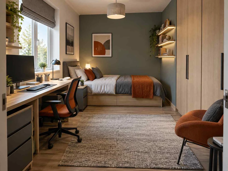 AI concept of a bedroom with desk space, task lighting and nearby storage, with grey-blue cabinetry and orange accents
