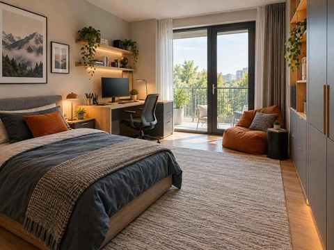 AI concept of a bedroom opening towards full-height glazed doors, with grey-blue cabinetry and orange accents