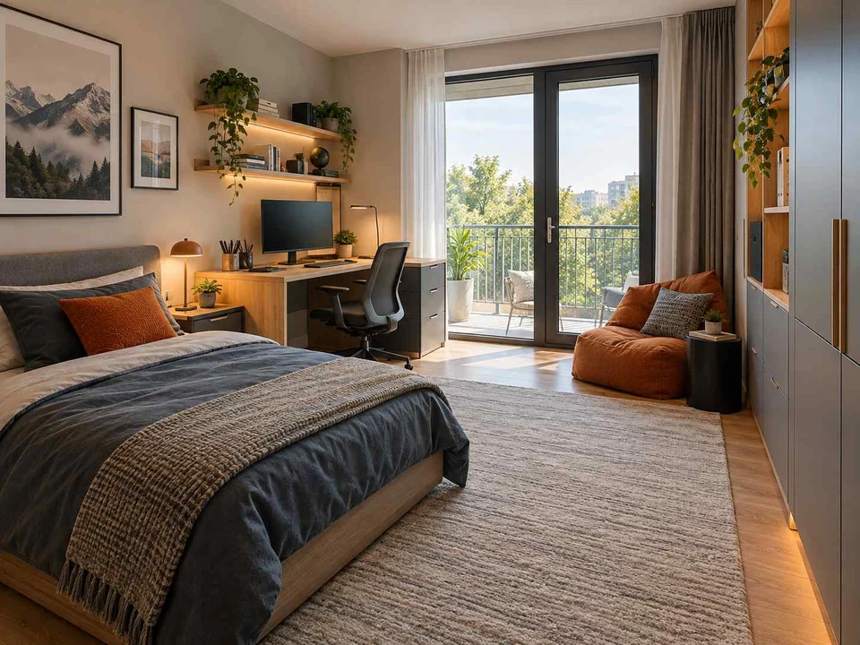 AI concept of a bedroom opening towards full-height glazed doors, with grey-blue cabinetry and orange accents