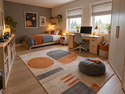 AI concept of a bedroom with a central rug and open floor space for play, with grey-blue cabinetry and orange accents