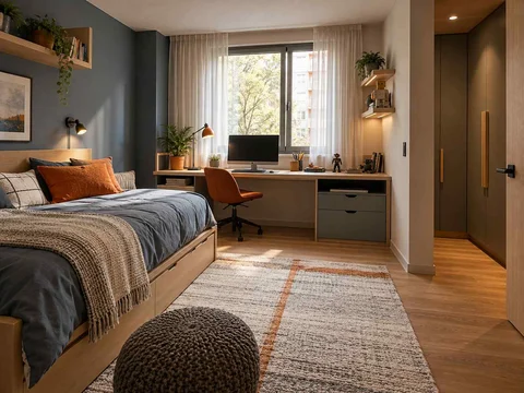 AI concept of a bedroom with a study desk and storage beside the sleeping area, with grey-blue cabinetry and orange accents