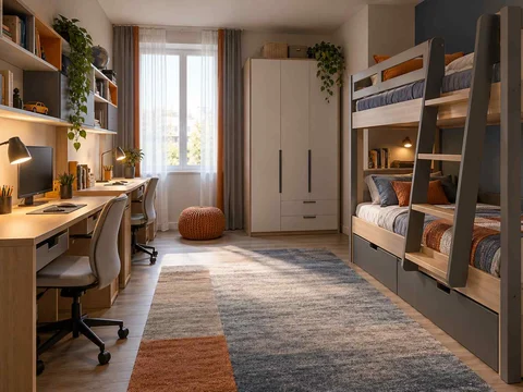 AI concept of bunk beds alongside study furniture and storage, with grey-blue cabinetry and orange accents
