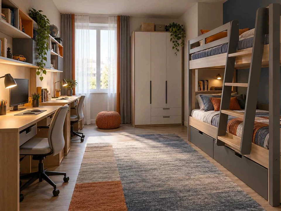 AI concept of bunk beds alongside study furniture and storage, with grey-blue cabinetry and orange accents