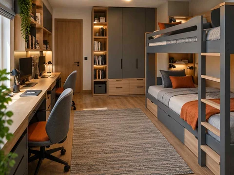 AI concept of bunk beds paired with bookshelves and study space, with grey-blue cabinetry and orange accents