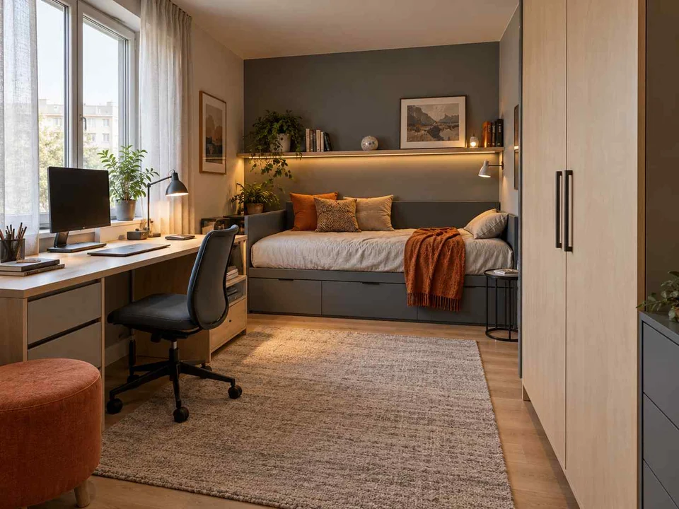 AI concept of a compact bedroom combining a bed, desk and storage, with grey-blue cabinetry and orange accents