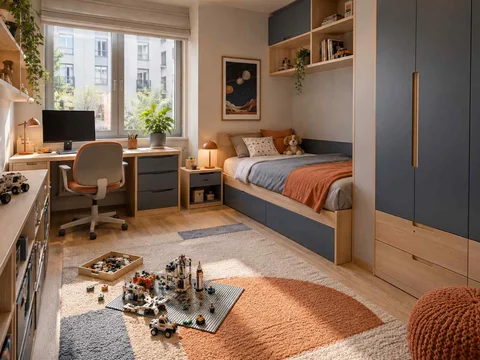AI concept of a daylit bedroom with space for floor play, with grey-blue cabinetry and orange accents