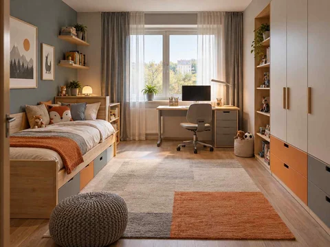 AI concept of a bedroom with a bed, study desk and open central floor space, with grey-blue cabinetry and orange accents