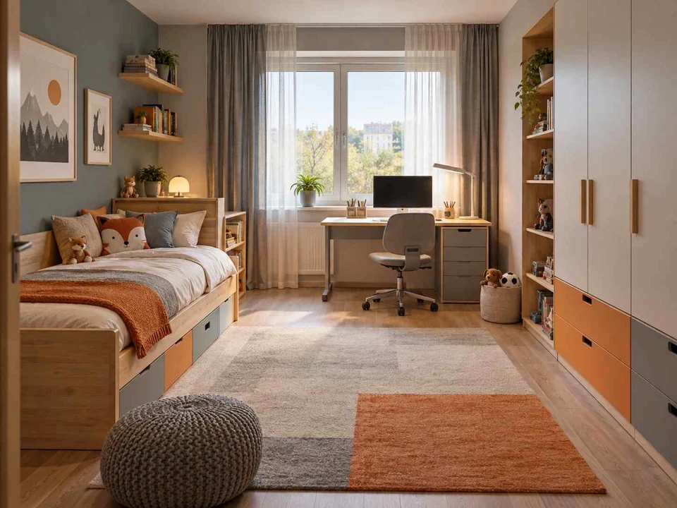 AI concept of a bedroom with a bed, study desk and open central floor space, with grey-blue cabinetry and orange accents