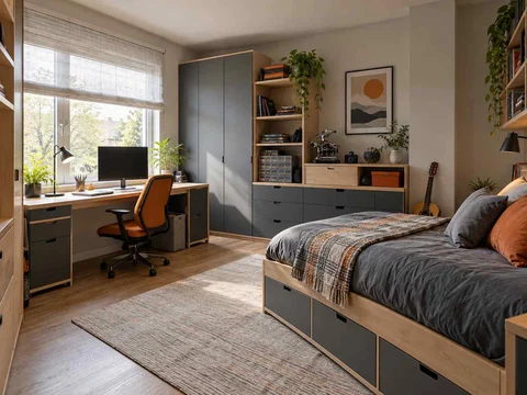 AI concept of a bedroom combining low storage with taller cabinetry or shelving, with grey-blue cabinetry and orange accents