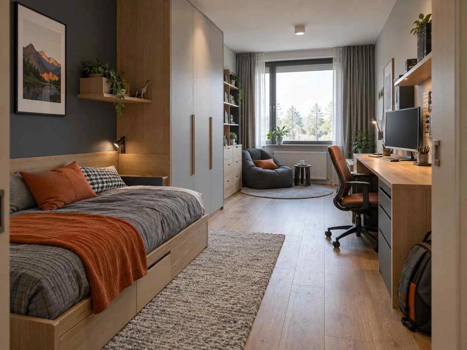 AI concept of a long bedroom with sleeping and study areas arranged along its length, with grey-blue cabinetry and orange accents
