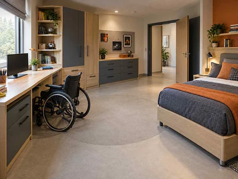 AI concept of a bedroom with an open central floor area and furniture arranged around its edges, with grey-blue cabinetry and orange accents