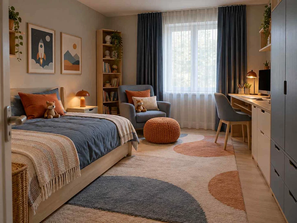 AI concept of a bedroom arranged around sleep, storage and a small sitting area, with grey-blue cabinetry and orange accents