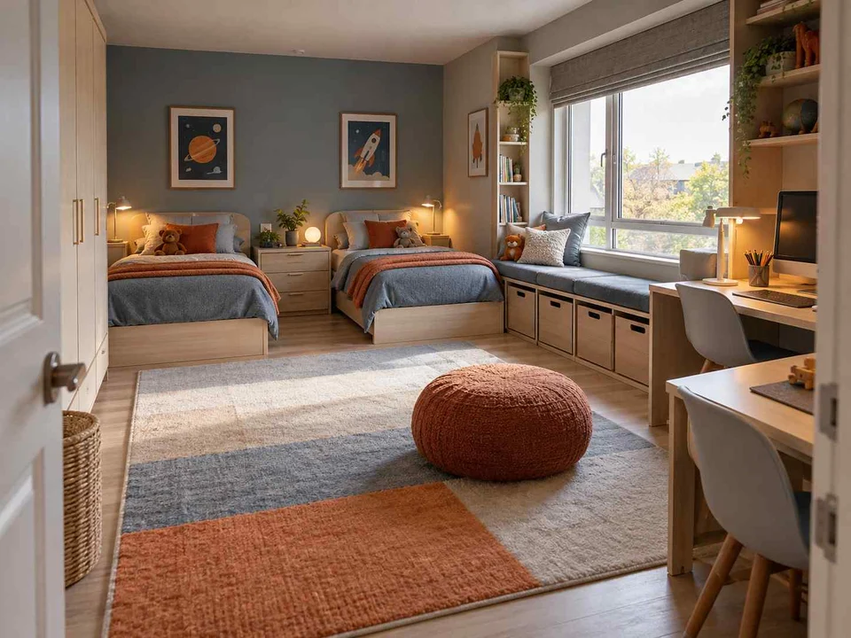 AI concept of a shared bedroom with twin sleeping areas and daylight from the window side, with grey-blue cabinetry and orange accents