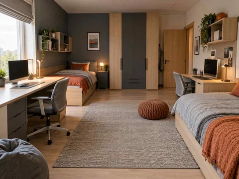 AI concept of a shared bedroom with two sleeping areas and desk space, with grey-blue cabinetry and orange accents