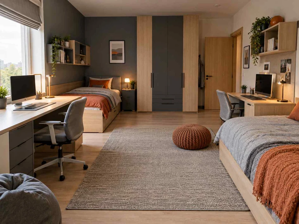 AI concept of a shared bedroom with two sleeping areas and desk space, with grey-blue cabinetry and orange accents