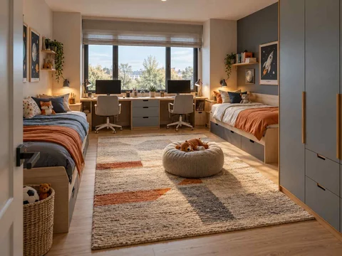 AI concept of two beds arranged around a shared central floor area, with grey-blue cabinetry and orange accents