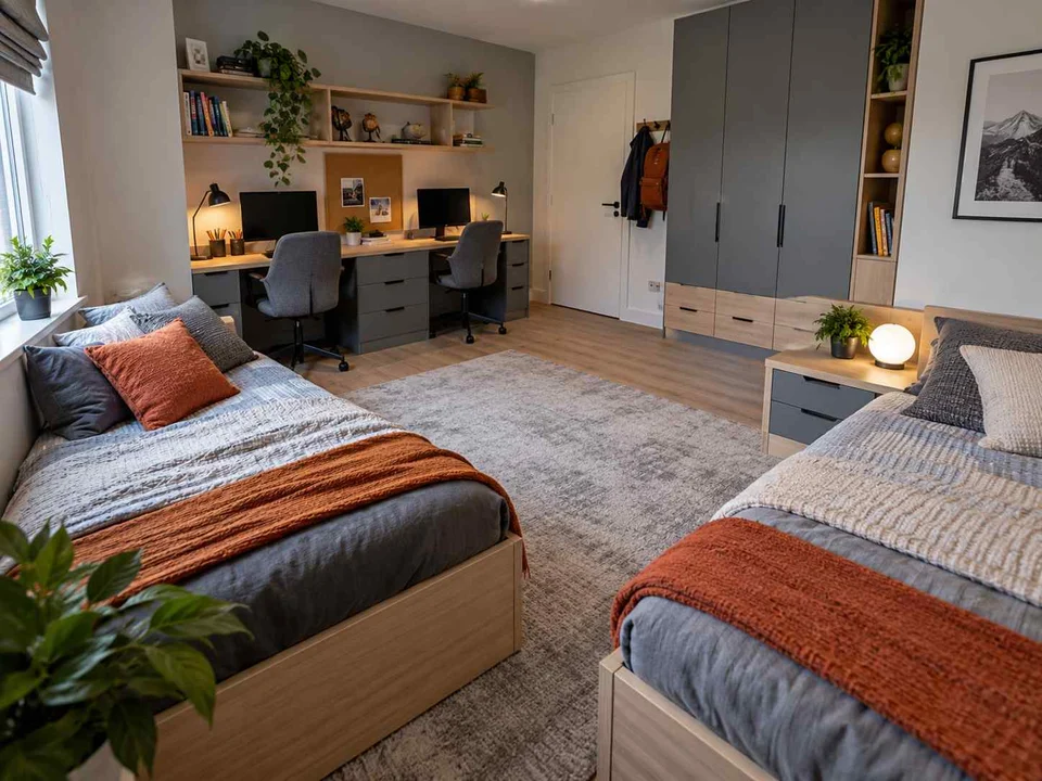 AI concept of a shared bedroom with two sleeping areas and study furniture, with grey-blue cabinetry and orange accents