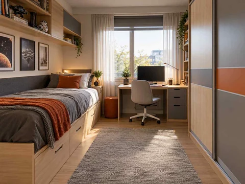 AI concept of a small bedroom with a bed, study furniture and integrated storage, with grey-blue cabinetry and orange accents
