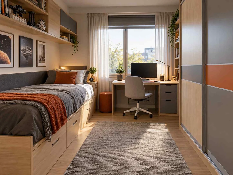 AI concept of a small bedroom with a bed, study furniture and integrated storage, with grey-blue cabinetry and orange accents