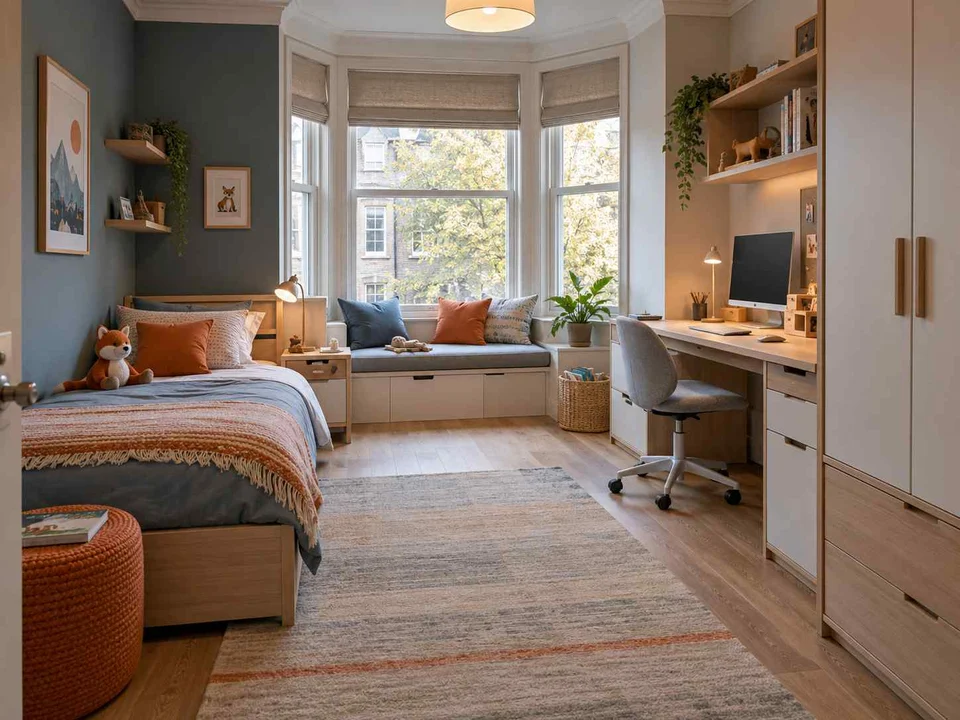 AI concept of a bedroom with a window-side seating area, with grey-blue cabinetry and orange accents