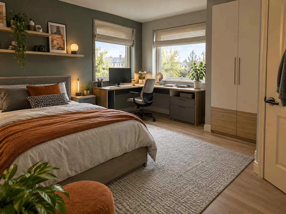 AI concept of a bedroom with a desk positioned near a window, with grey-blue cabinetry and orange accents