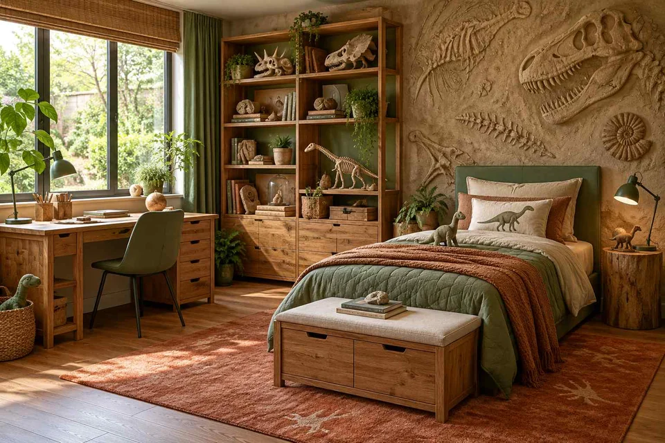 AI concept: a dinosaur relief wall, green bedding and timber toy chest beside a study desk