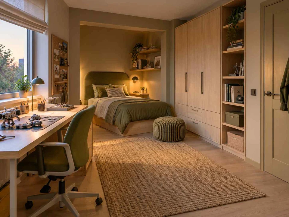 AI concept of a bedroom with a recessed sleeping area and a separate desk, with muted earth colours and textured furnishings