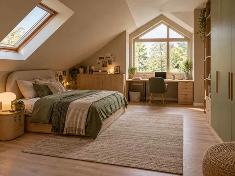 AI concept of a bedroom beneath a sloping ceiling with a bed and desk, with muted earth colours and textured furnishings