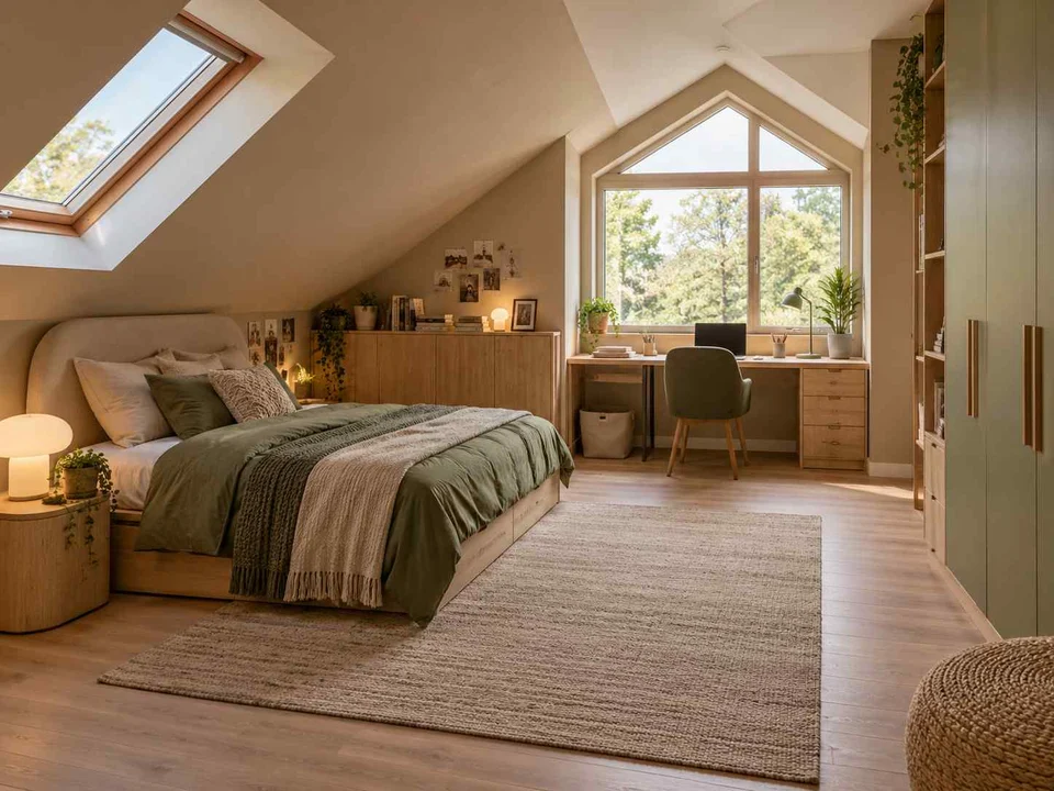 AI concept of a bedroom beneath a sloping ceiling with a bed and desk, with muted earth colours and textured furnishings