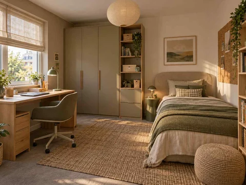 AI concept of a bedroom arranged with a bed, desk and storage furniture, with muted earth colours and textured furnishings