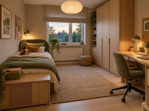 AI concept of sleeping and homework areas within the same room, with muted earth colours and textured furnishings