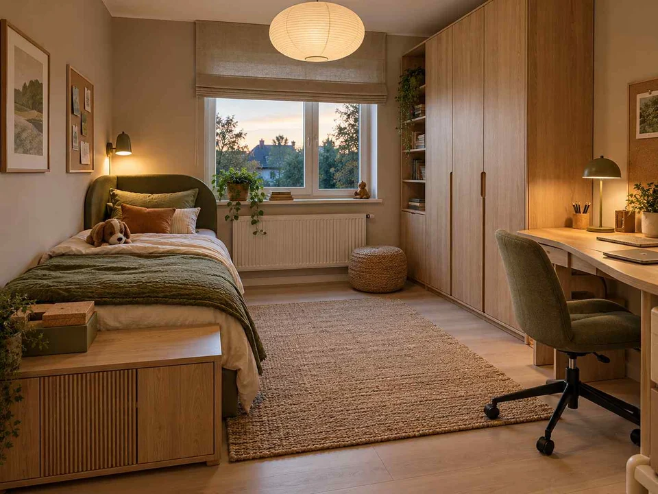 AI concept of sleeping and homework areas within the same room, with muted earth colours and textured furnishings