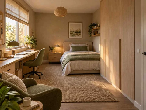 AI concept of a bedroom with desk space, task lighting and nearby storage, with muted earth colours and textured furnishings