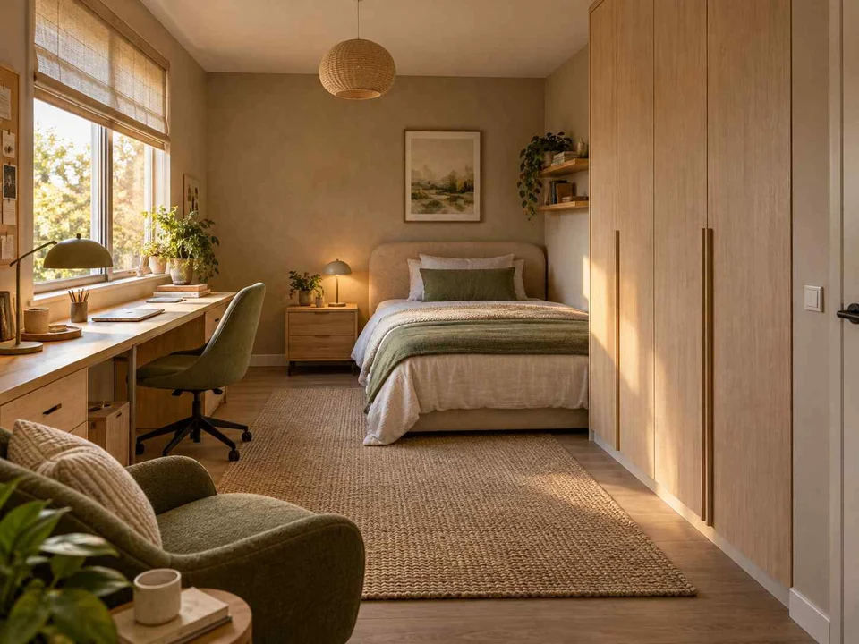 AI concept of a bedroom with desk space, task lighting and nearby storage, with muted earth colours and textured furnishings