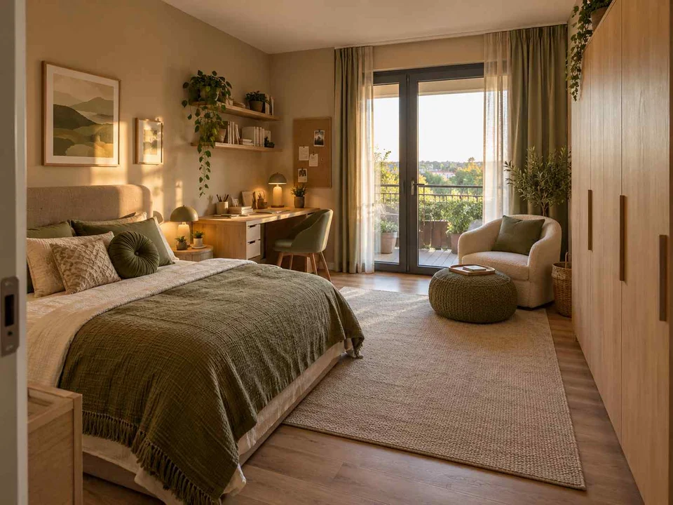 AI concept of a bedroom opening towards full-height glazed doors, with muted earth colours and textured furnishings